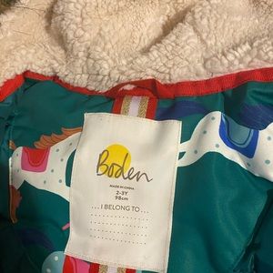 Mini Boden green pony coat with fur lined hood